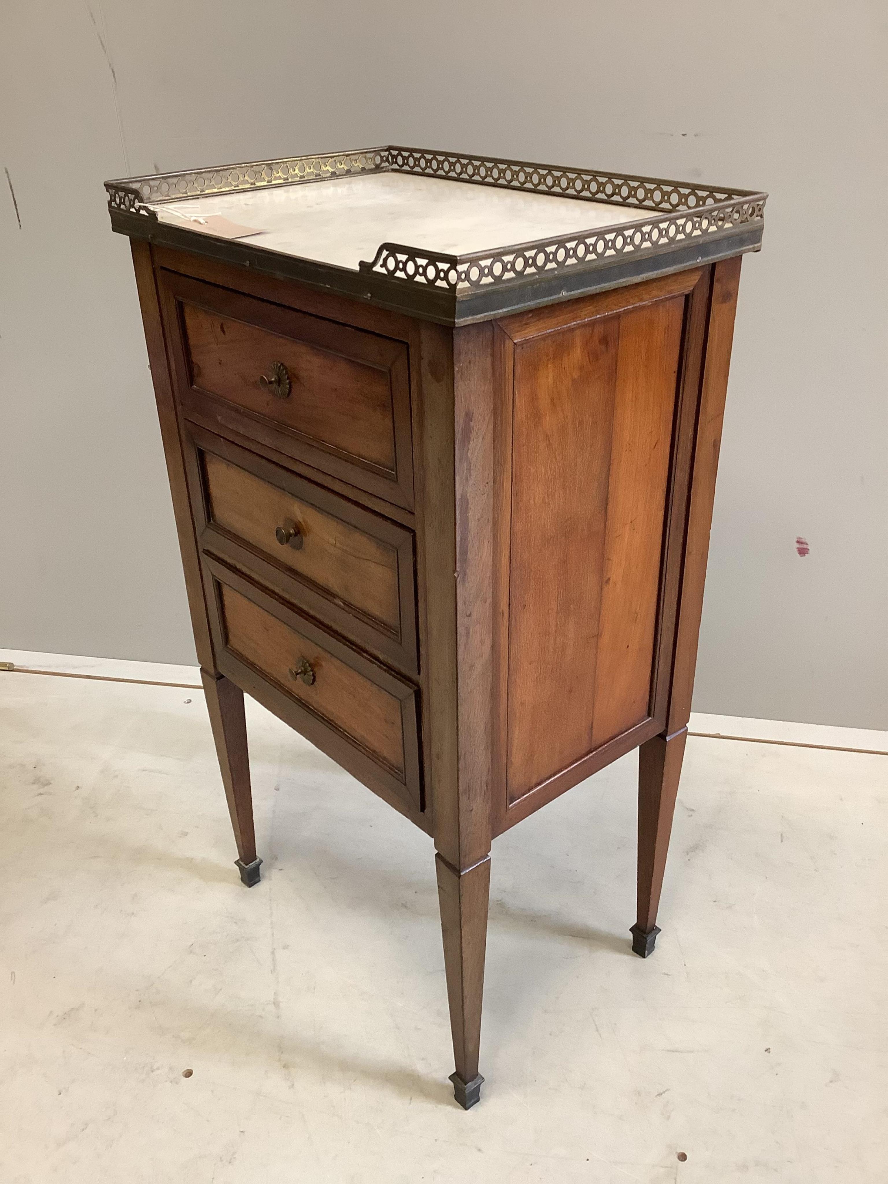 A French marble top three drawer bedside chest, width 41cm, depth 29cm, height 73cm